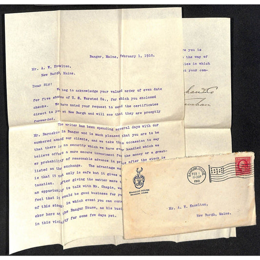 Bangor, MA 1910 Letter re: Stock Investments & Bangor House Cover Knowlton*