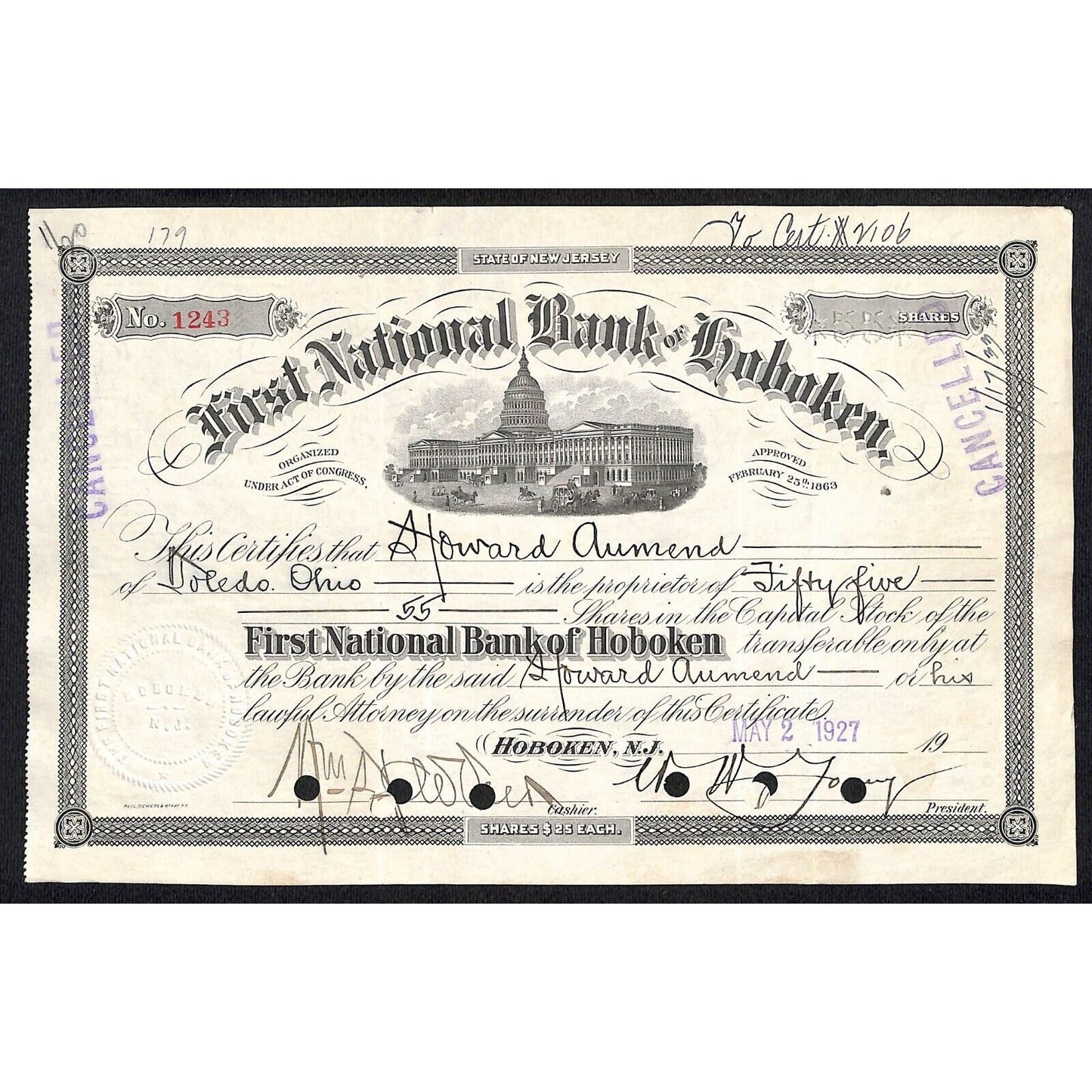 First National Bank of Hoboken NJ 1927 Stock Certificate Aumend & Company