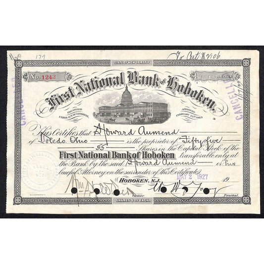 First National Bank of Hoboken NJ 1927 Stock Certificate Aumend & Company