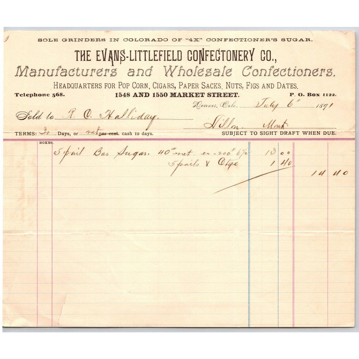 Denver, CO Evans-Littlefield Confectionery Co. 1891 Billhead to R.C. Halliday*