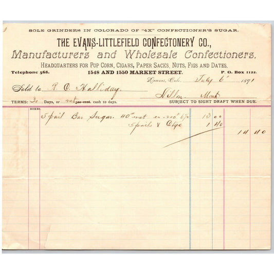 Denver, CO Evans-Littlefield Confectionery Co. 1891 Billhead to R.C. Halliday*
