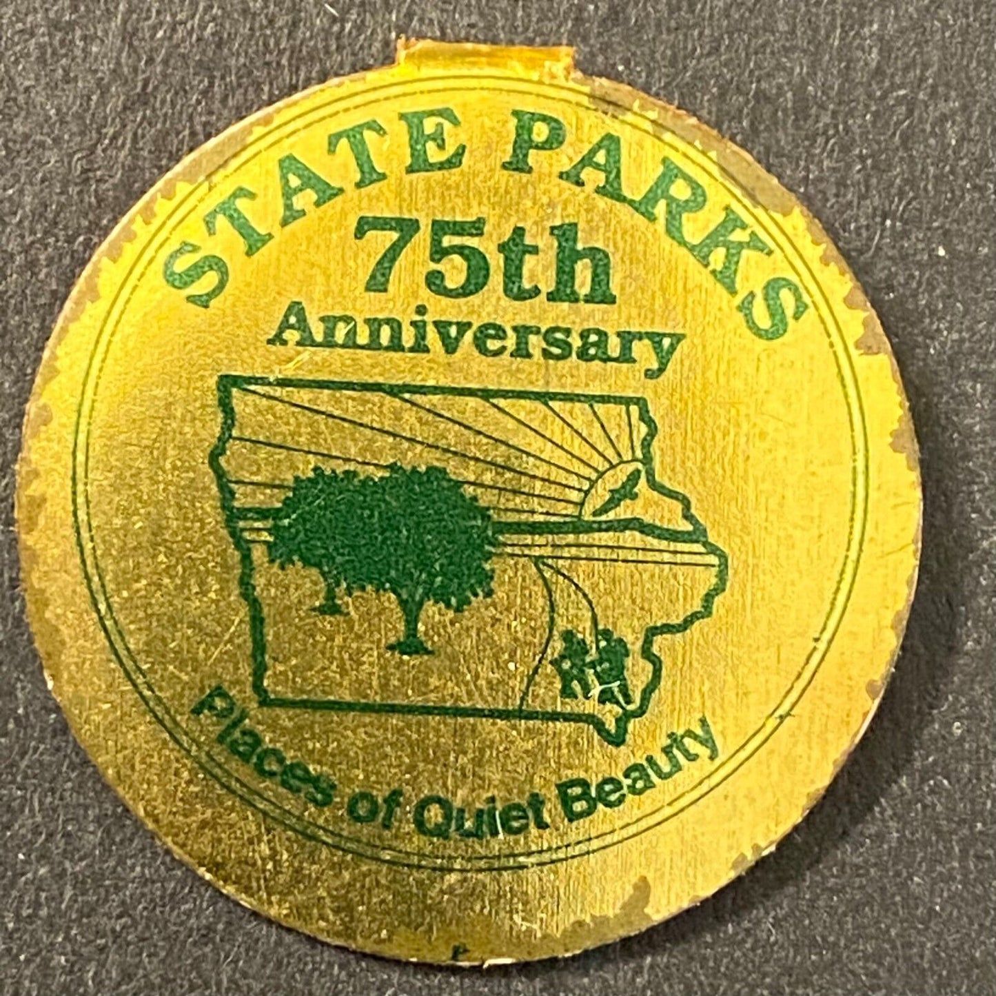 Iowa State Parks 75th Anniversary Steel Fold Over Pin 7/8" c1995