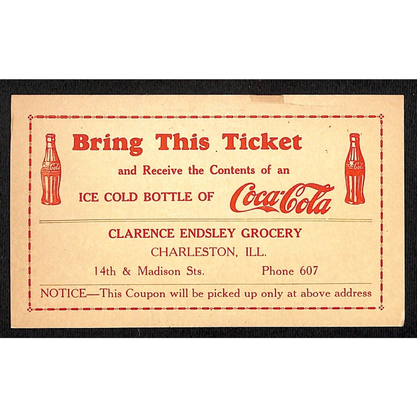 Coca Cola Clarence Endsley Grocery Charleston, IL Coupon Postcard c1935 UX27