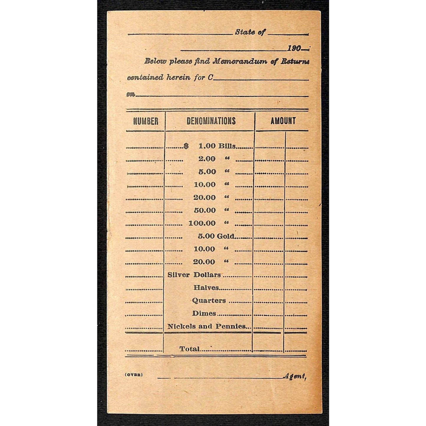 Northern Express Co. 19xx 1900-1909 Memorandum of Returns Denominations Form