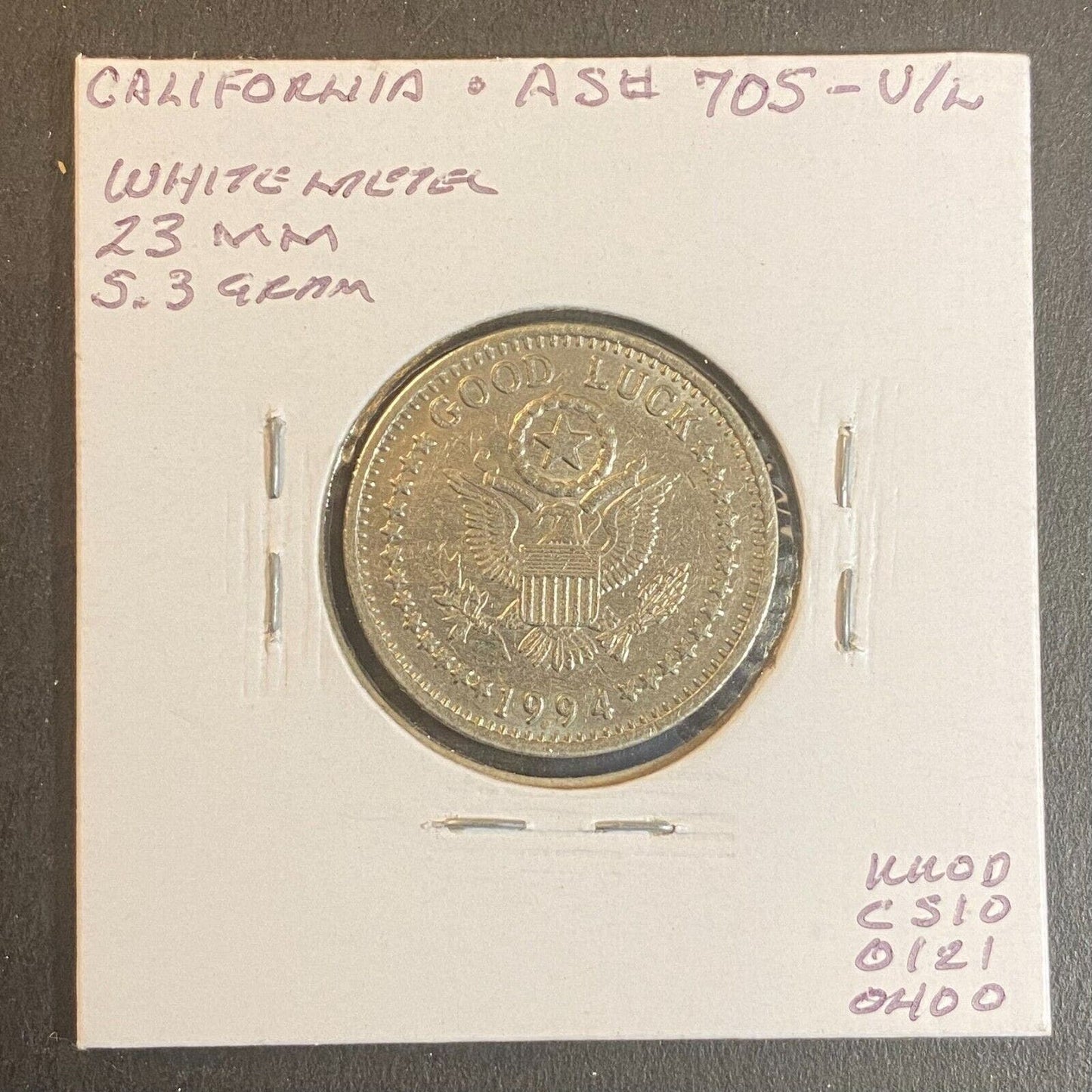 Castle Amusement Park Riverside, CA Good Luck Token WM 1994 23mm w/ Eagle