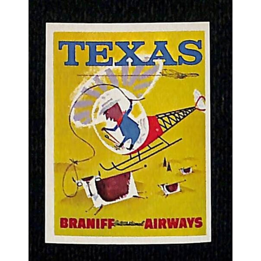 Braniff International Airways Small Label "Helicopter Cowboy" Texas Lasso Cattle