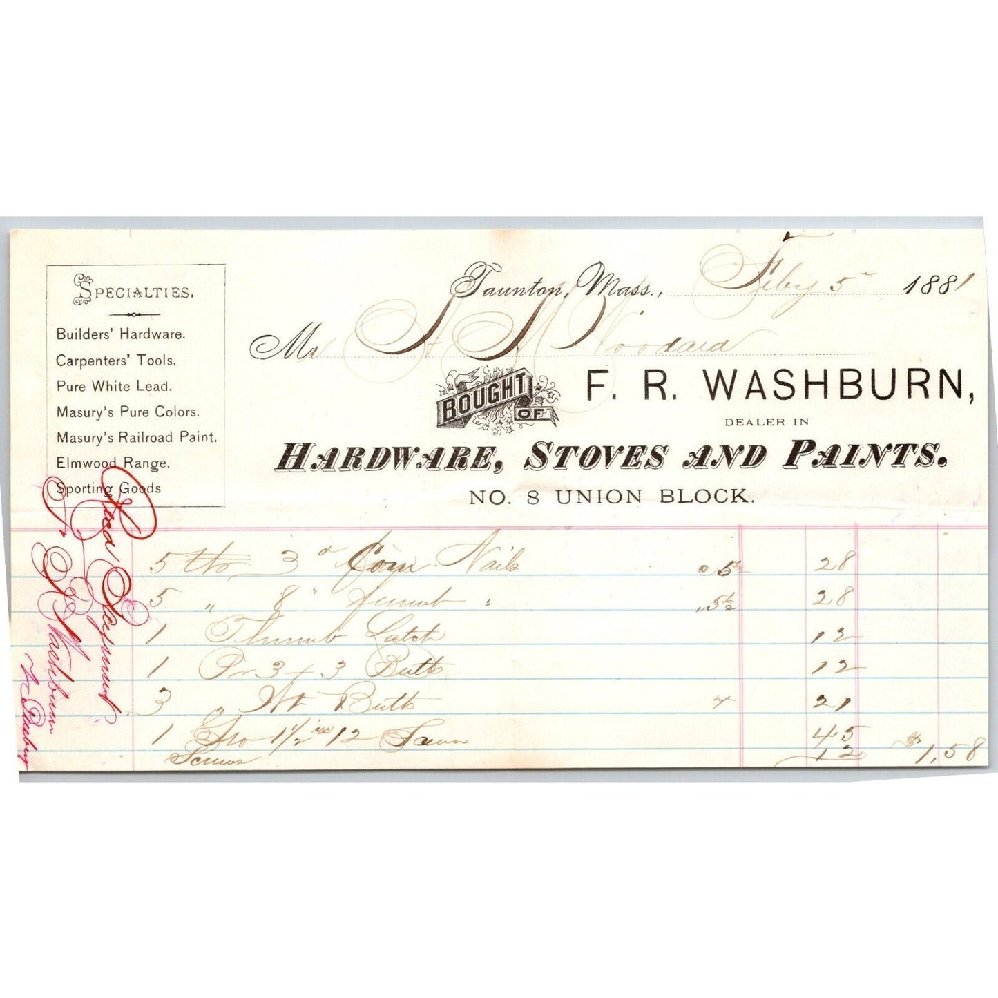 F.R. Washburn Hardware Stoves Paints Taunton, MA 1881 Billhead Scarce VGC