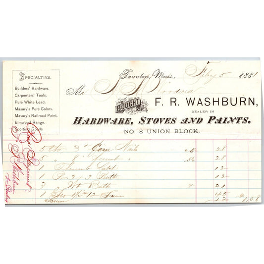 F.R. Washburn Hardware Stoves Paints Taunton, MA 1881 Billhead Scarce VGC