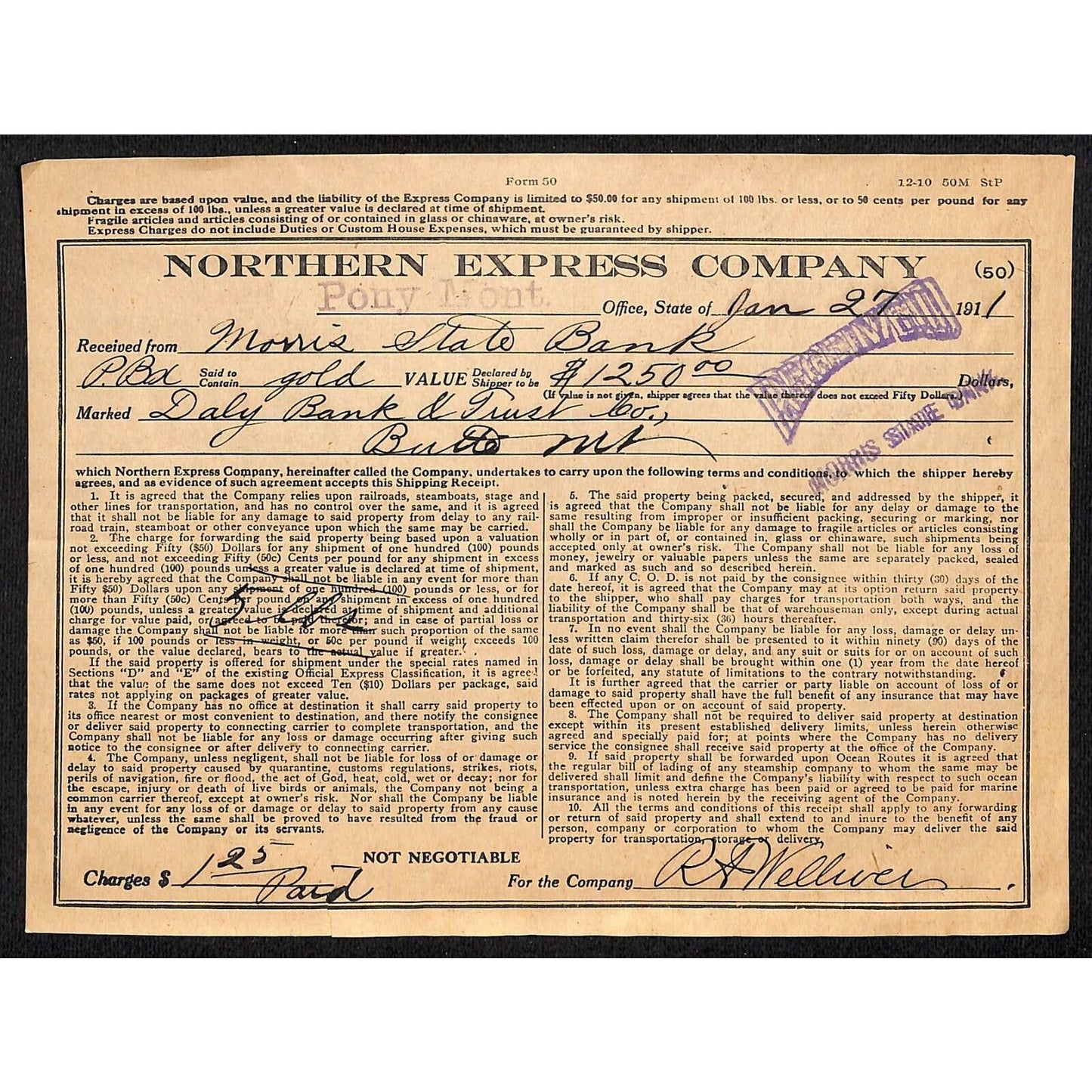 Northern Express Co. 1911 Freight Receipt for $1,250 Gold Butte, MT