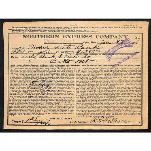 Northern Express Co. 1911 Freight Receipt for $1,250 Gold Butte, MT