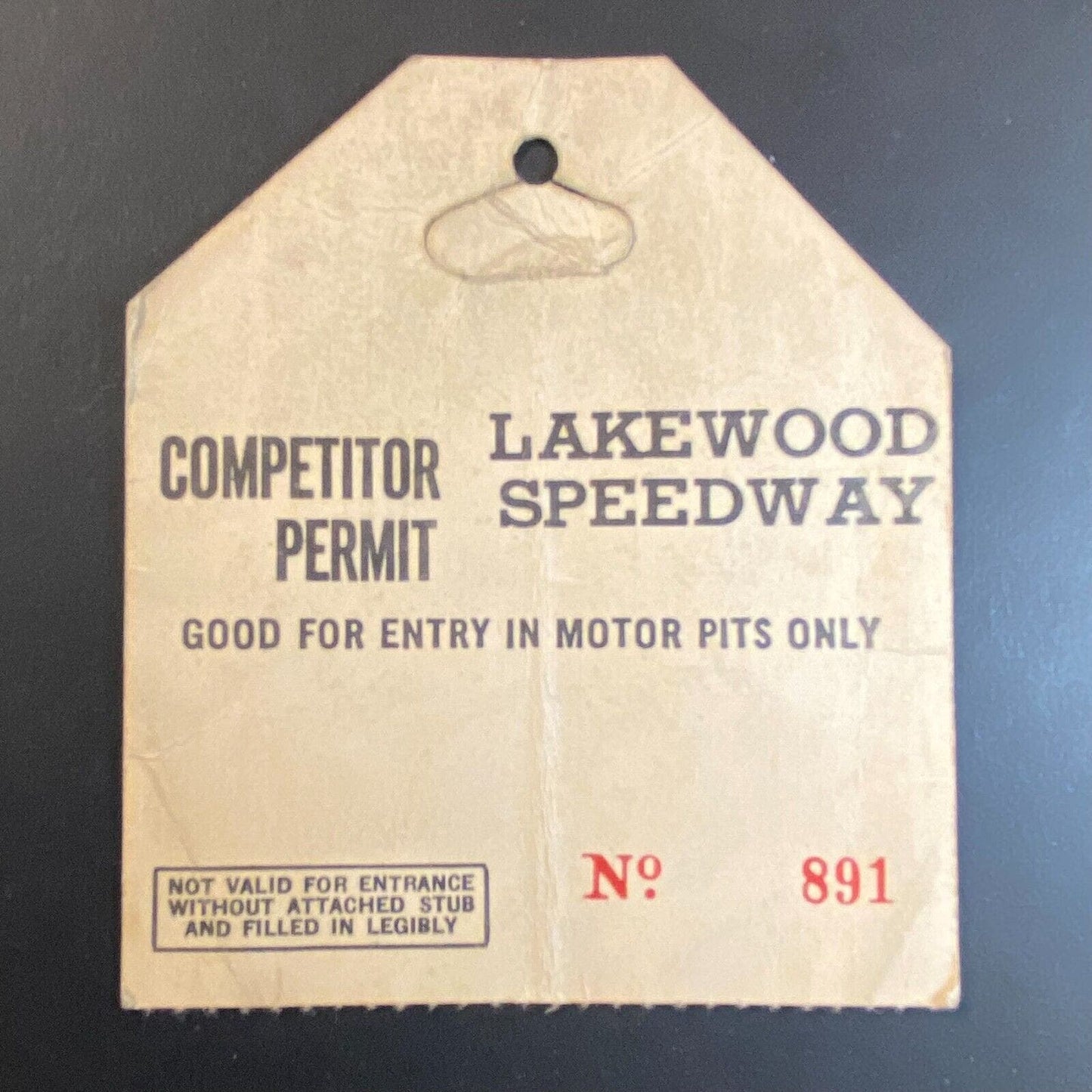 Lakewood Speedway Competitor Permit "Motor Pits Only" Pit Pass c1960s-70's #891