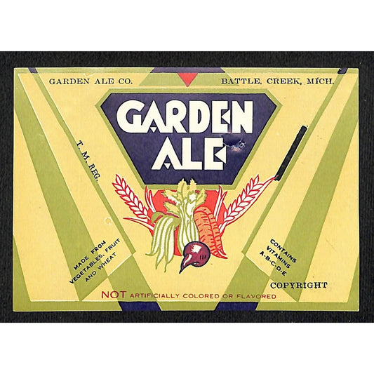 Garden Ale Beverage Label Battle Creek, MI Deco Vegetables c1930's-40s Scarce