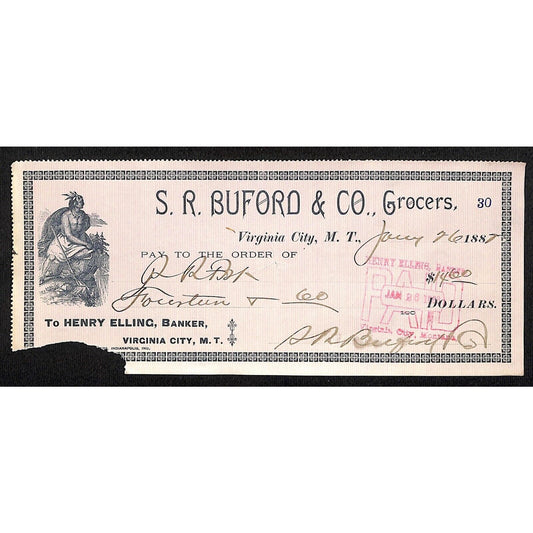 1888 Henry Elling Virginia City Montana Territory S.R. Buford Grocers Check #30