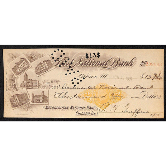 FNB Urbana, IL $13.9 1901 Bank Check Revenue Stamp w/ University Bldg. Vignettes
