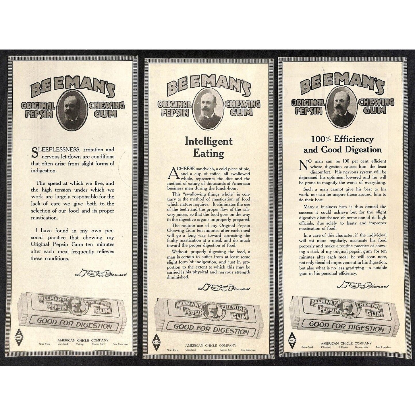 Beeman's Original Pepsin Chewing Gum Group of 5 Mostly c1915-25 Magazine Ads