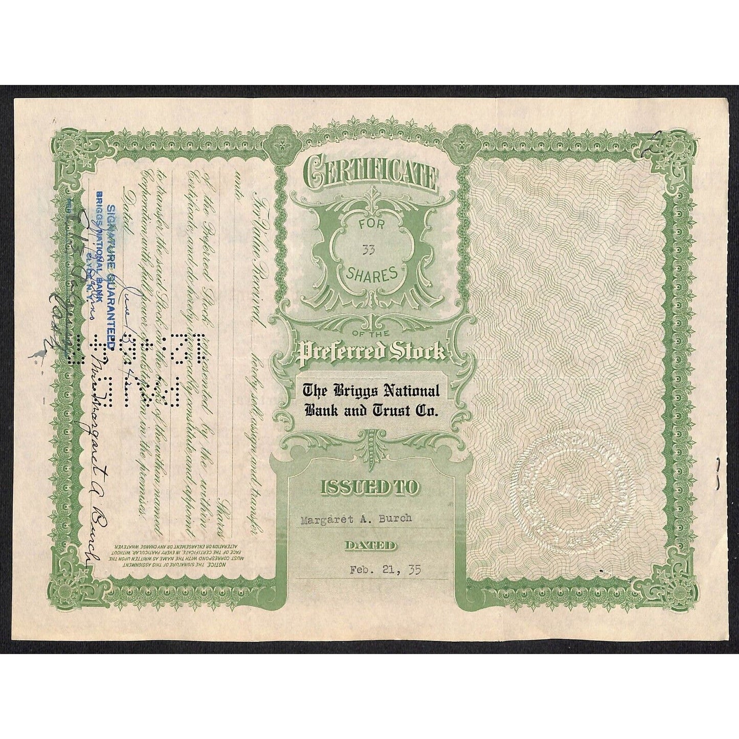 Briggs National Bank and Trust Clyde NY 1935 Stock Certificate Margaret A. Burch
