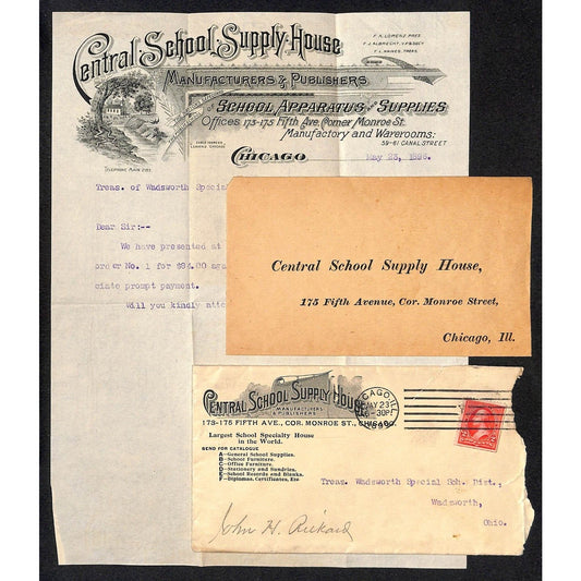 Central School Supply House Apparatus Chicago 1896 Letterhead & Cover Scarce