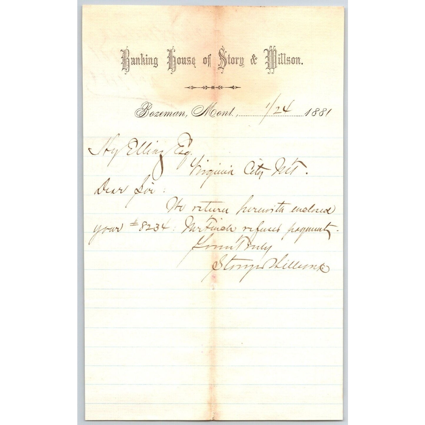 Banking House of Story & Nelson Bozeman, MT 1/24 1881 Letterhead Henry Elling*