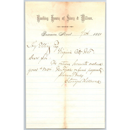 Banking House of Story & Nelson Bozeman, MT 1/24 1881 Letterhead Henry Elling*