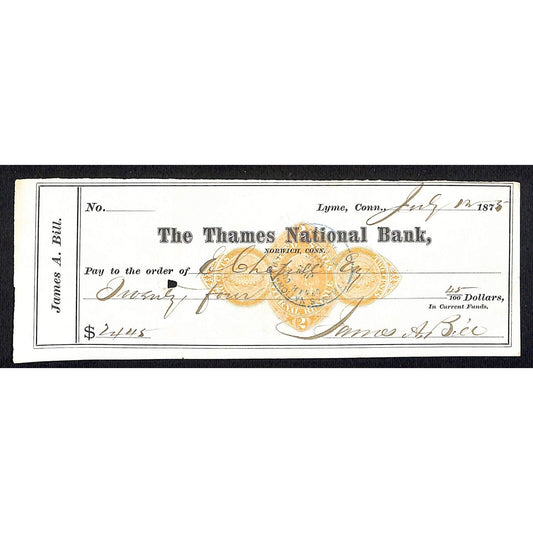 James A. Bill* 1875 Thames National Bank Lyme CT on Rev Stamp Check Stock (#12)