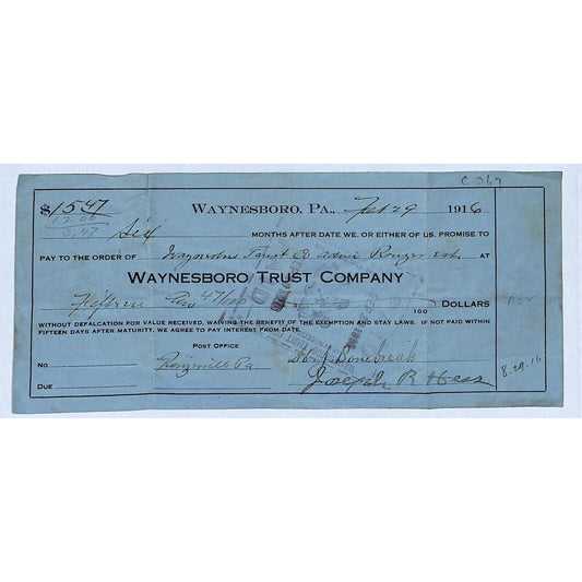 Waynesboro Trust Company 1916 Penna. Bank Check / Promissory Note w/ Rev Stamp