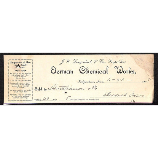 German Chemical Works Independence HJ Hutchinson Decorah, IA* Cut 1898 Billhead