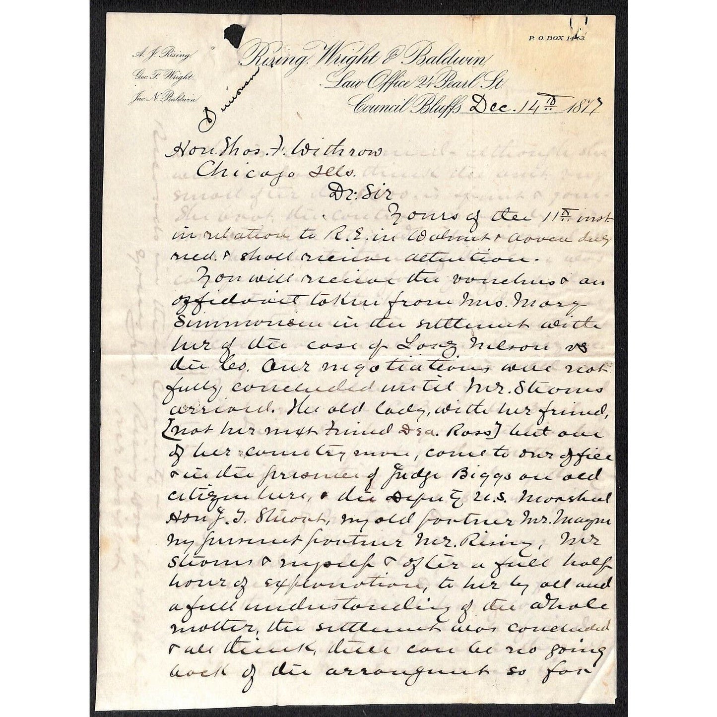 Rising, Wright & Baldwin Des Moines Attorneys 1877 2pp Letterhead R.R. Lawsuit