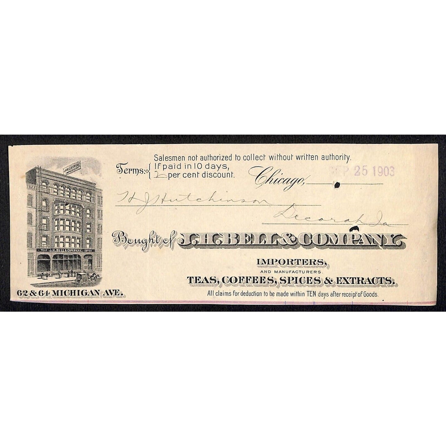 J.H. Bell & Company Coffee Chicago HJ Hutchinson Decorah, IA* Cut 1903 Billhead