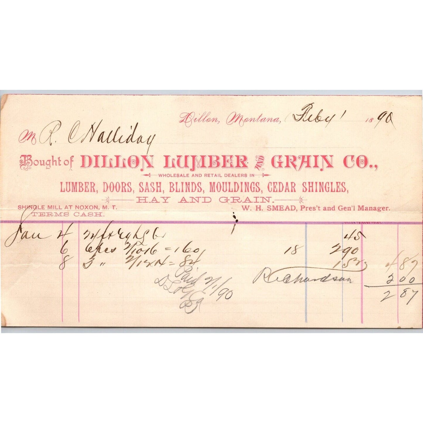 Dillon, MT Dillon Lumber & Grain Co. Cedar Shingles 1890 Billhead R.C. Halliday*