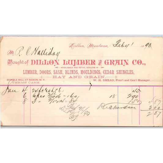 Dillon, MT Dillon Lumber & Grain Co. Cedar Shingles 1890 Billhead R.C. Halliday*