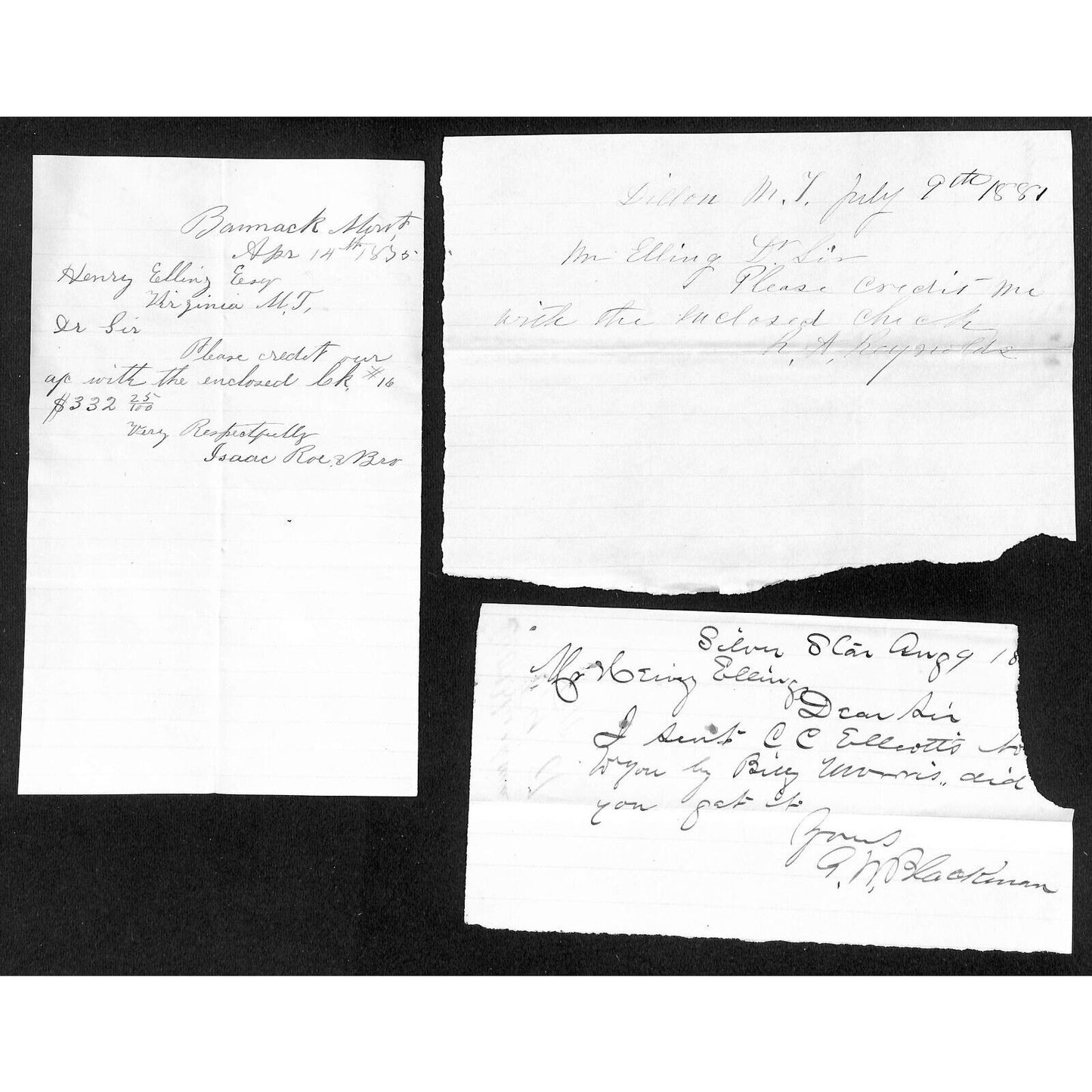 Henry Elling* Montana Group of 21 Mostly c1881 ALS & Notes to Henry Elling VGC