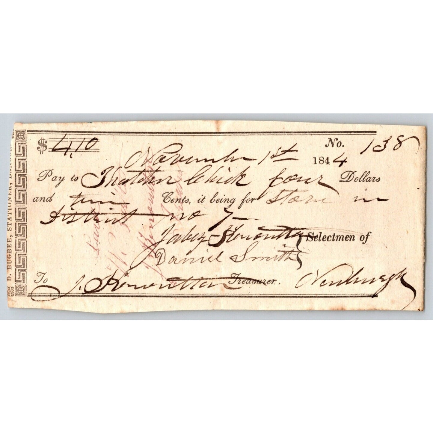 1844 Jabez Knowlton* Newburgh ME Town Check to Thatcher __?
