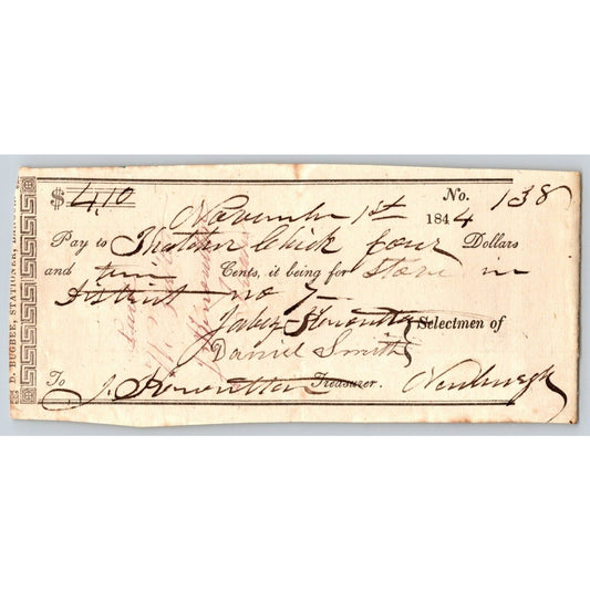 1844 Jabez Knowlton* Newburgh ME Town Check to Thatcher __?