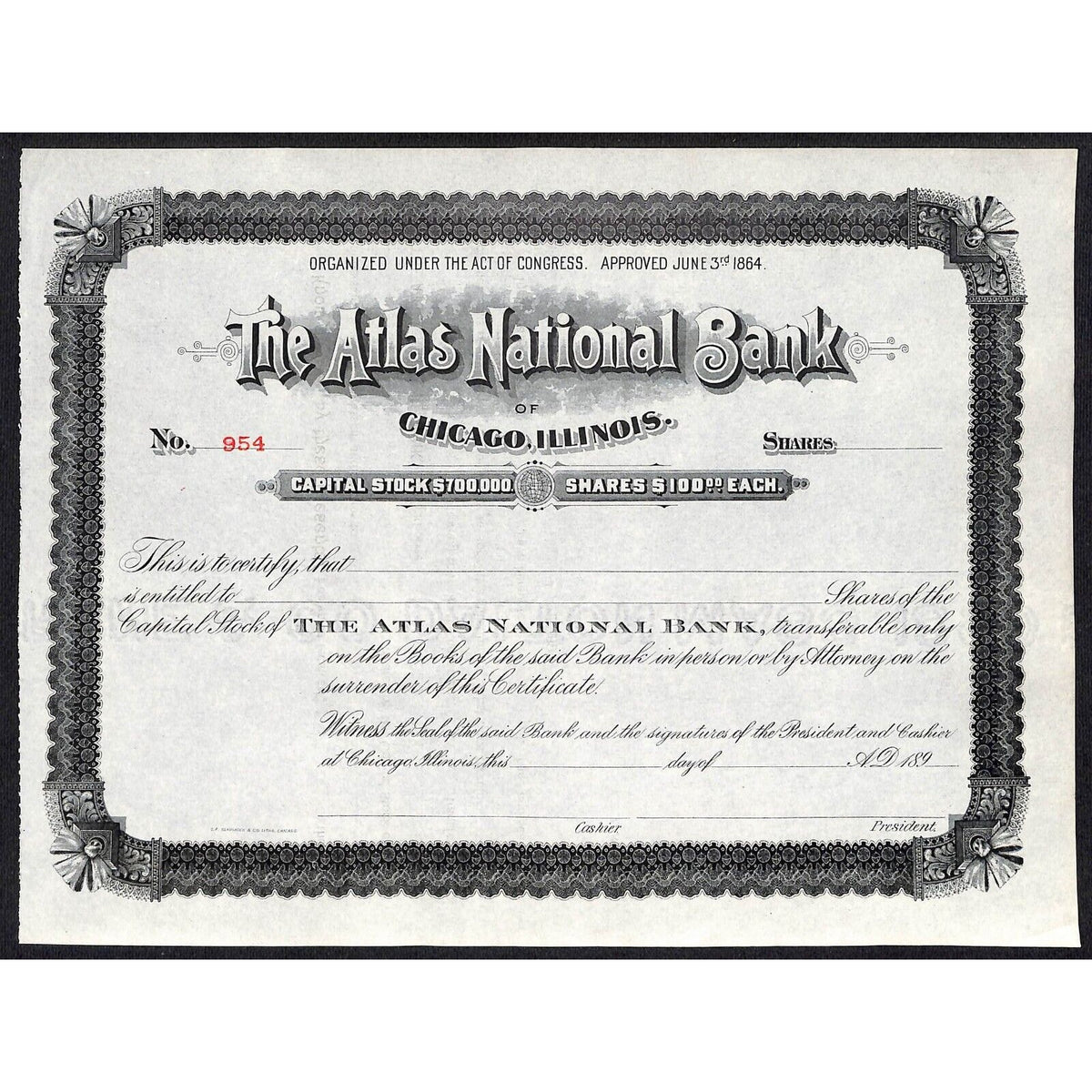 The Atlas National Bank Chicago 1890's 189x Stock Certificate Unissued #954