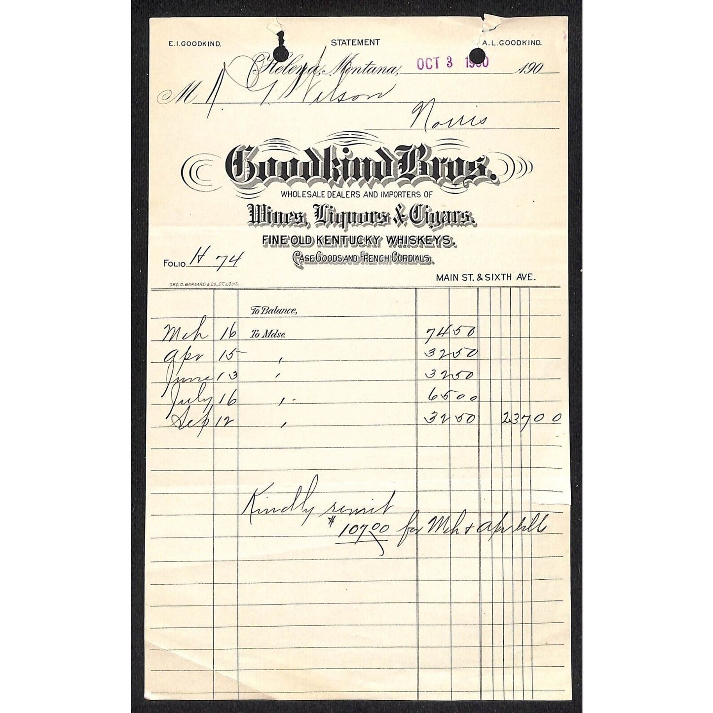 Goodkind Bros. Wines Liquors Cigars 1900 Helena, MT Billhead (#6)