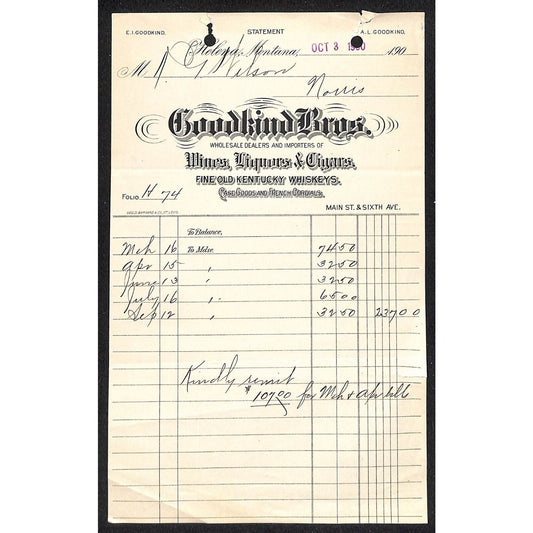Goodkind Bros. Wines Liquors Cigars 1900 Helena, MT Billhead (#6)