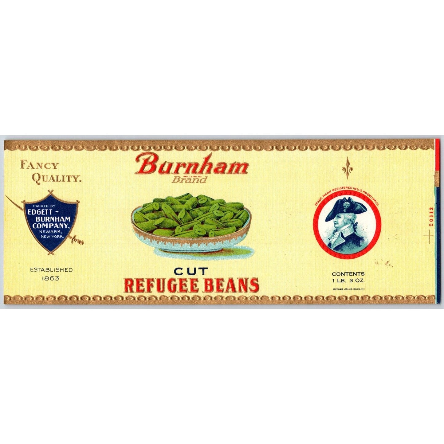 Refugee Beans Burnham Brand Edgett Newark Paper Can Label c1940's NOS VGC