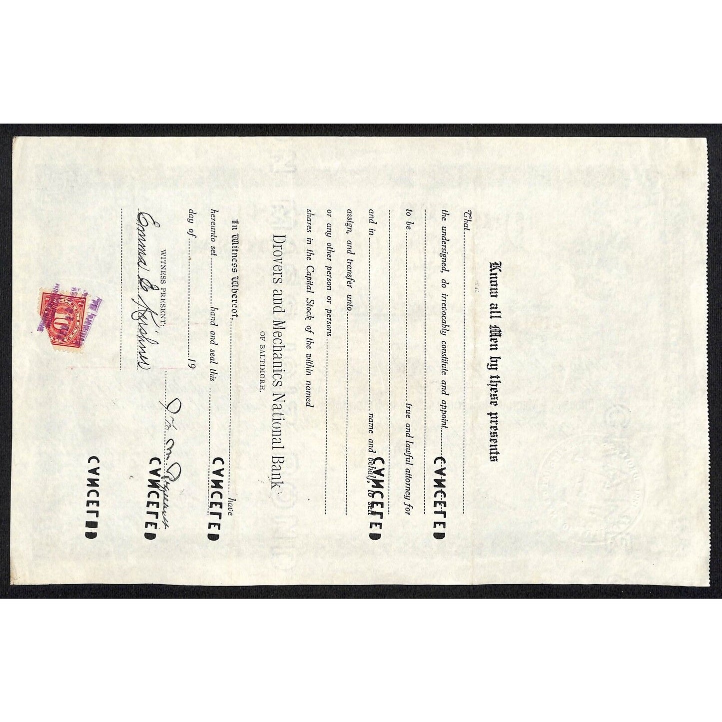 Drovers and Mechanics National Bank 1926 Stock Certificate John M. Regnardt