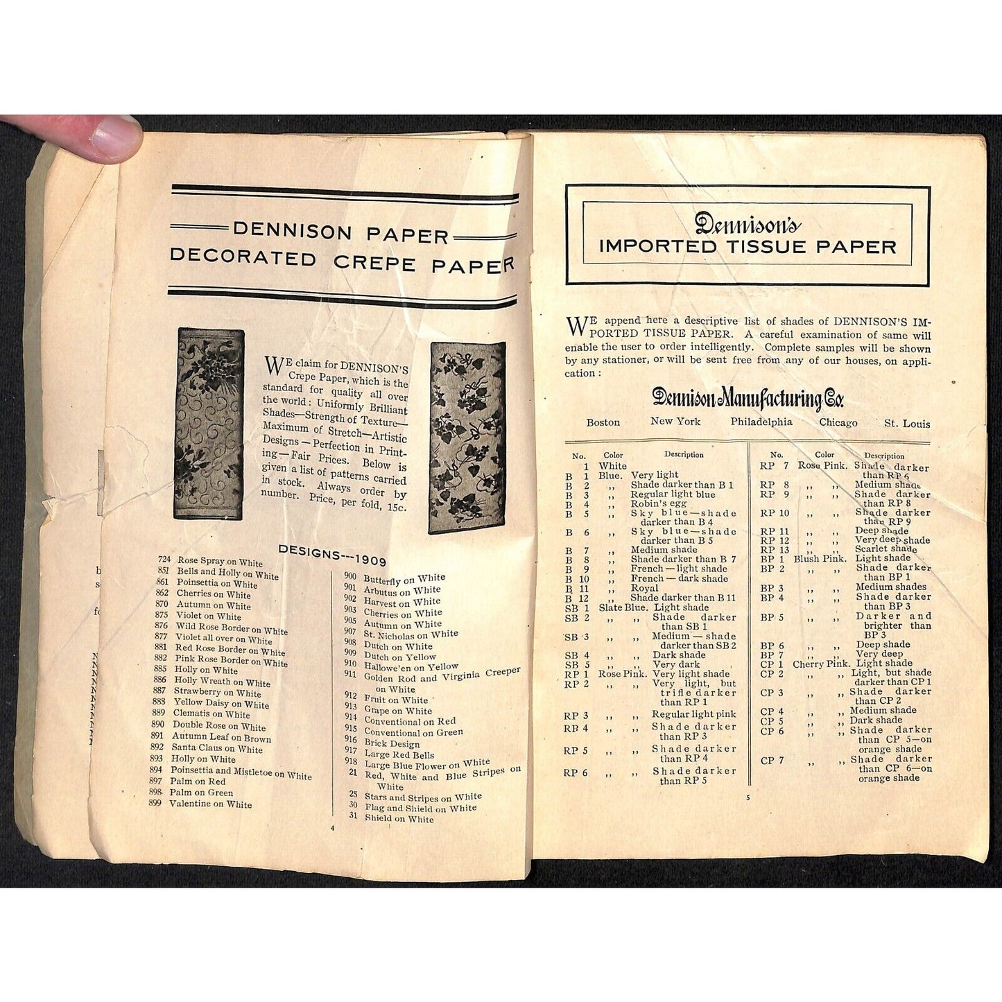 Dennison Manufacturing Crepe and Tissue Paper 1909 Catalog w/ Prices 95pp Scarce