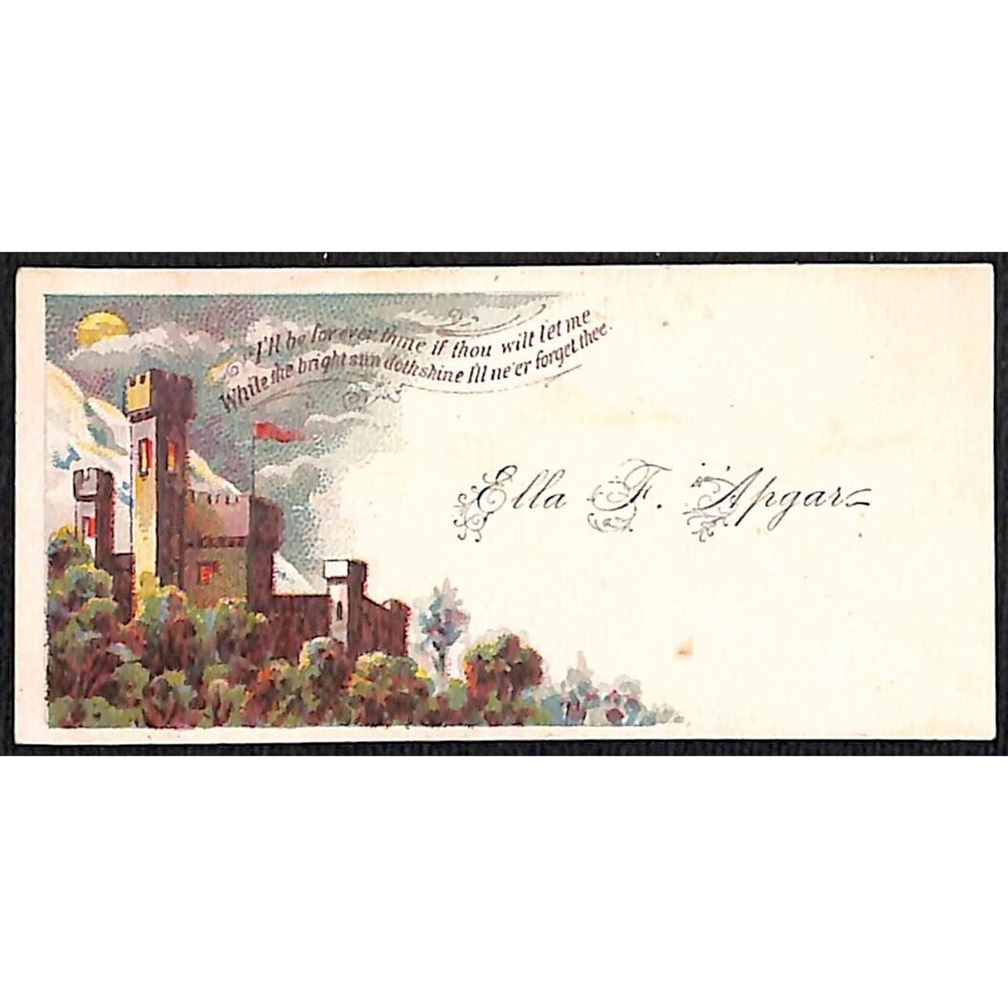 "Ella F. Apgar" Victorian Calling Greeting Card - Castle w/ Friendship Poem