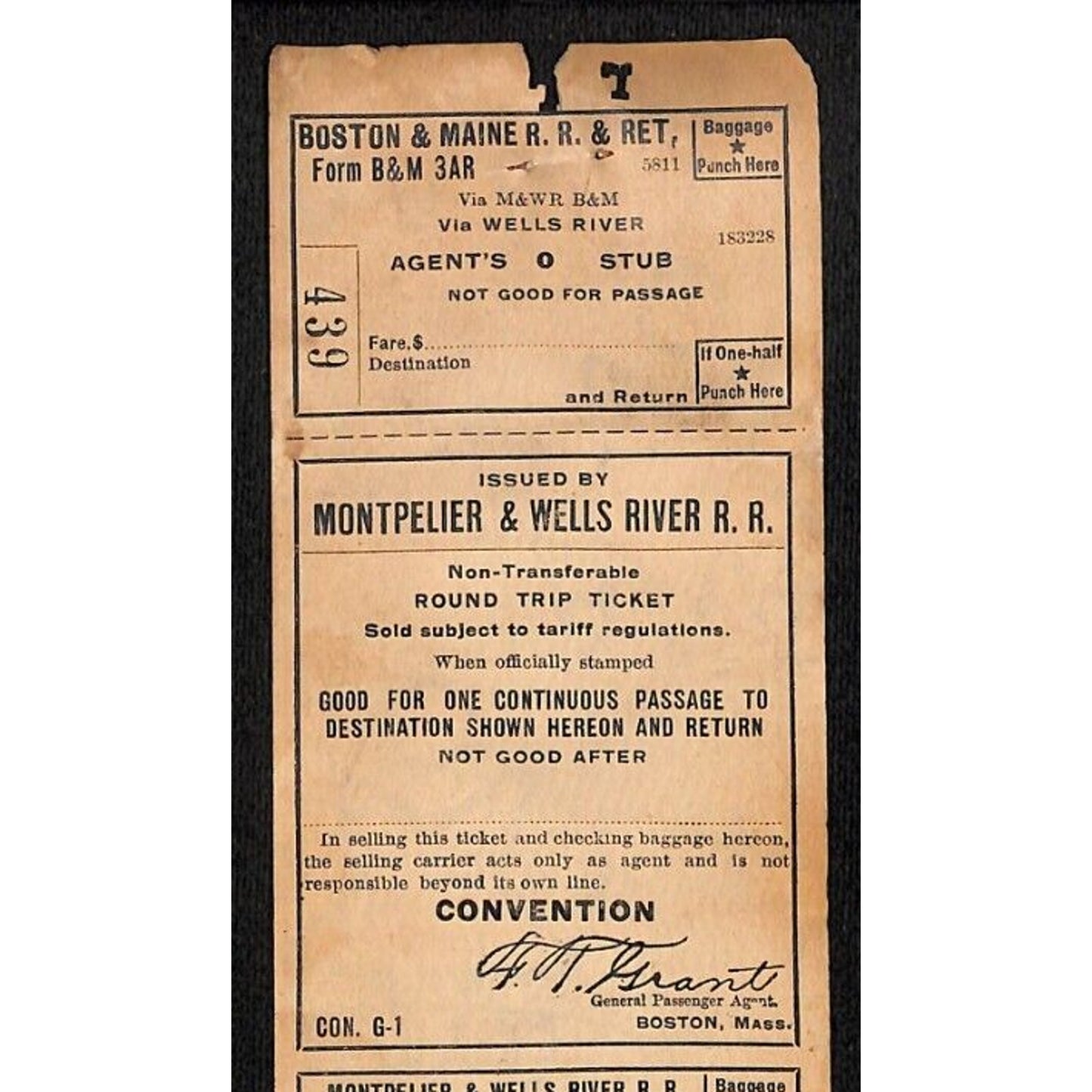 Montpelier and Wells River Railroad Unused "Convention" Ticket Scarce c1941 #439