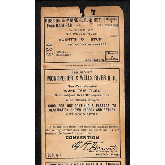 Montpelier and Wells River Railroad Unused "Convention" Ticket Scarce c1941 #439