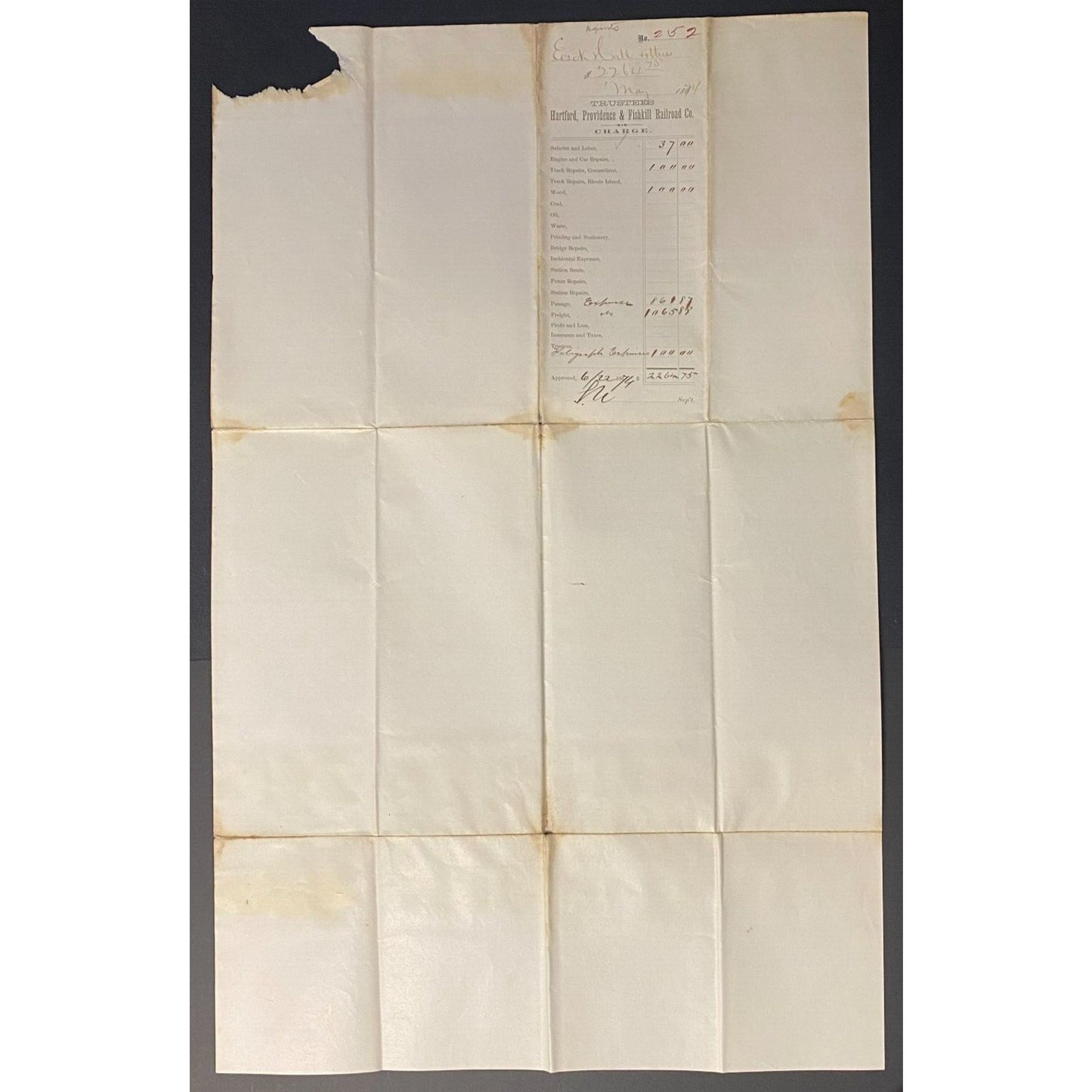 Hartford Providence Fishkill Railroad 1874 Pay Roll Sheet w/ 52 Signatures