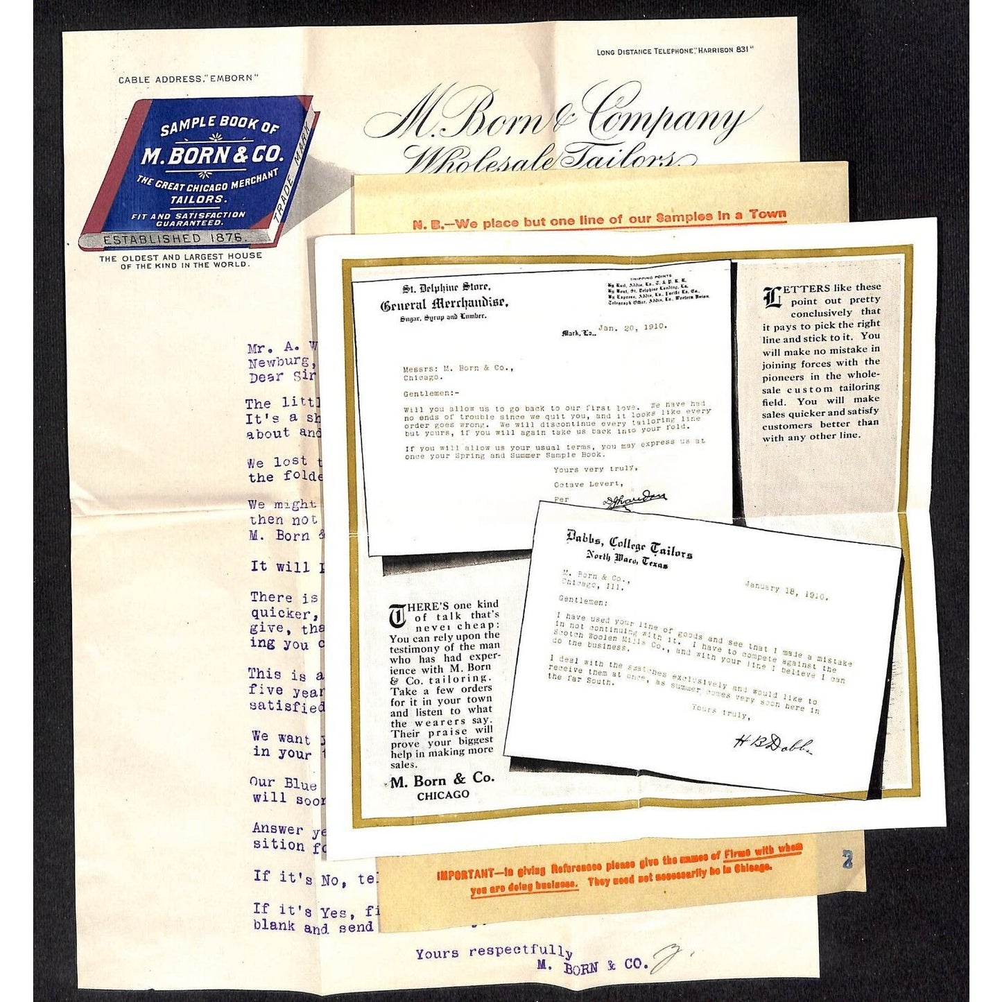 M. Born & Co. Wholesale Tailors Chicago 1910 Letterhead Order Form Cover VGC