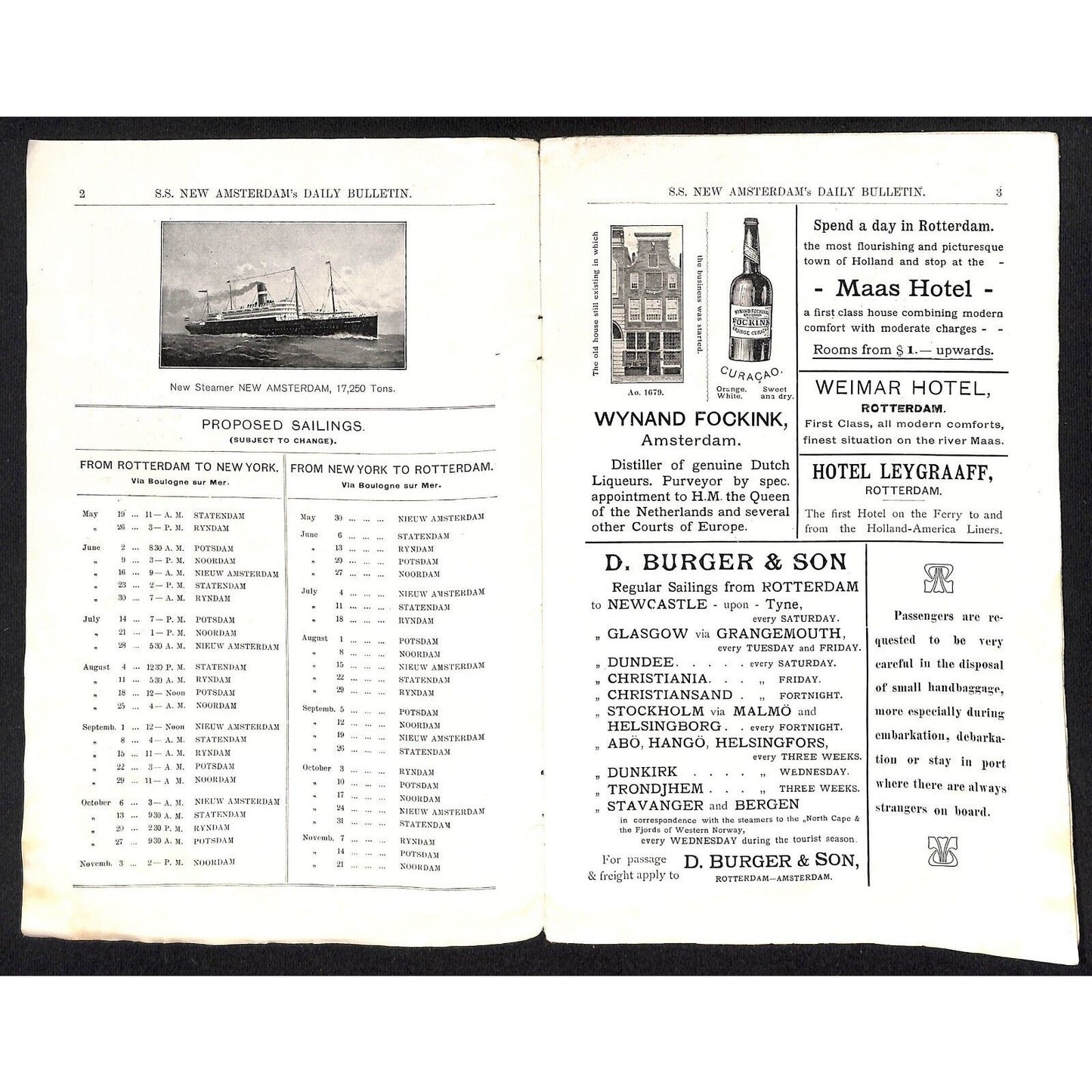 Holland American Line S.S. New Amsterdam Jun 5th 1906 Daily Bulletin 12pp Scarce