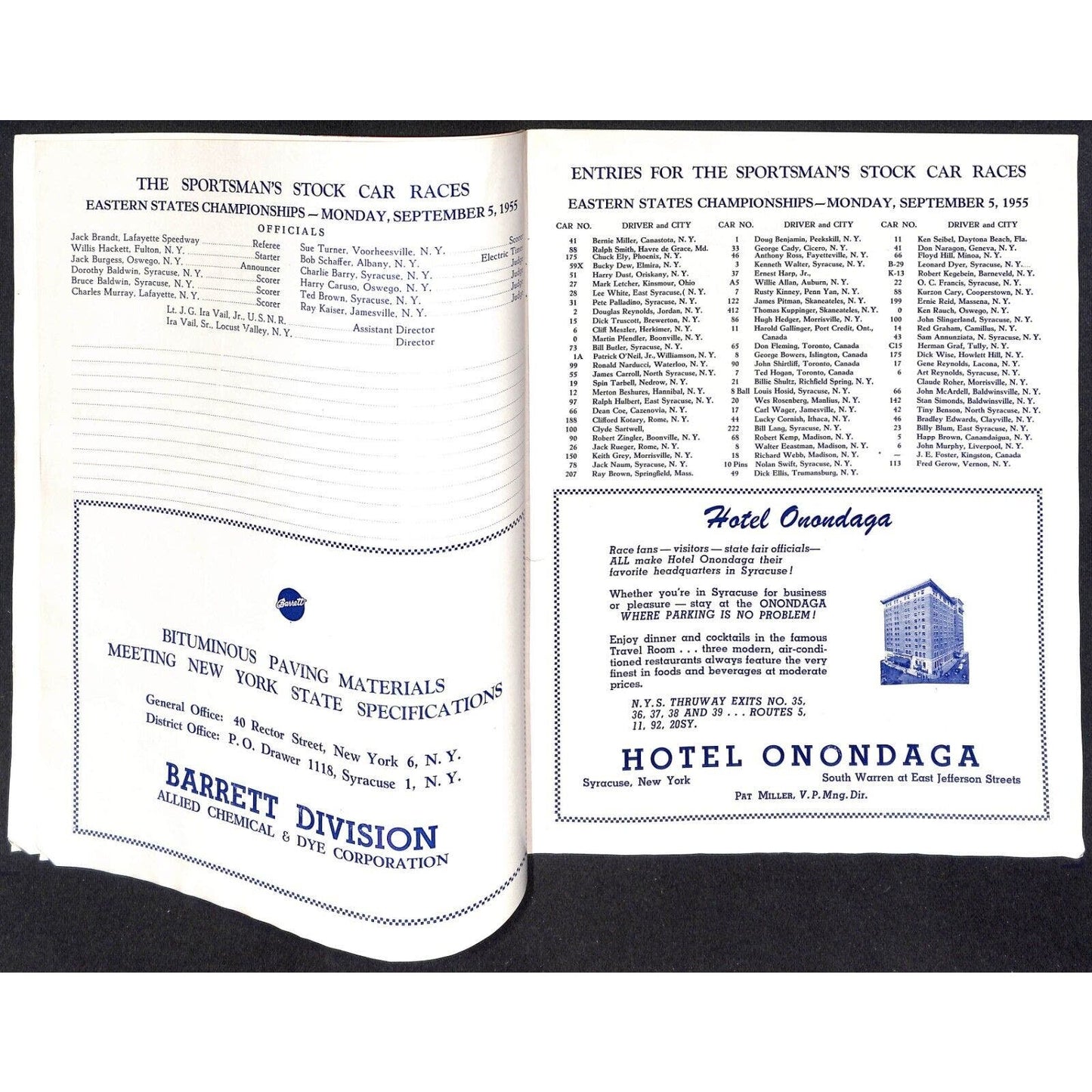 New York State Fair Auto Racing Program Stock Car Sept. 1955 24pp Scarce