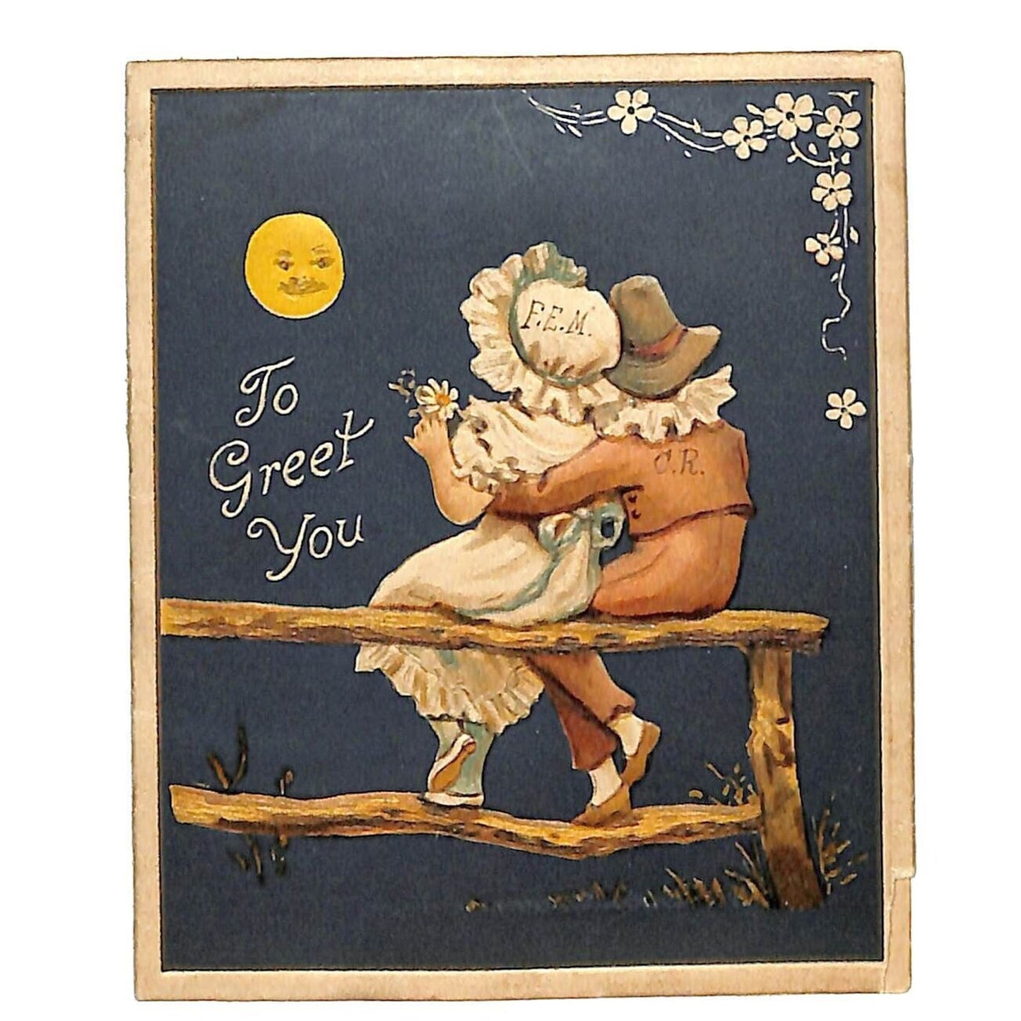 "To Greet You" Victorian ? Romantic Christmas Card Embossed w/ Moon Face
