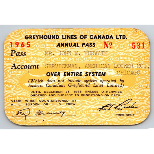 Greyhound Lines of Canada 1965 Annual / Yearly Bus Pass #531