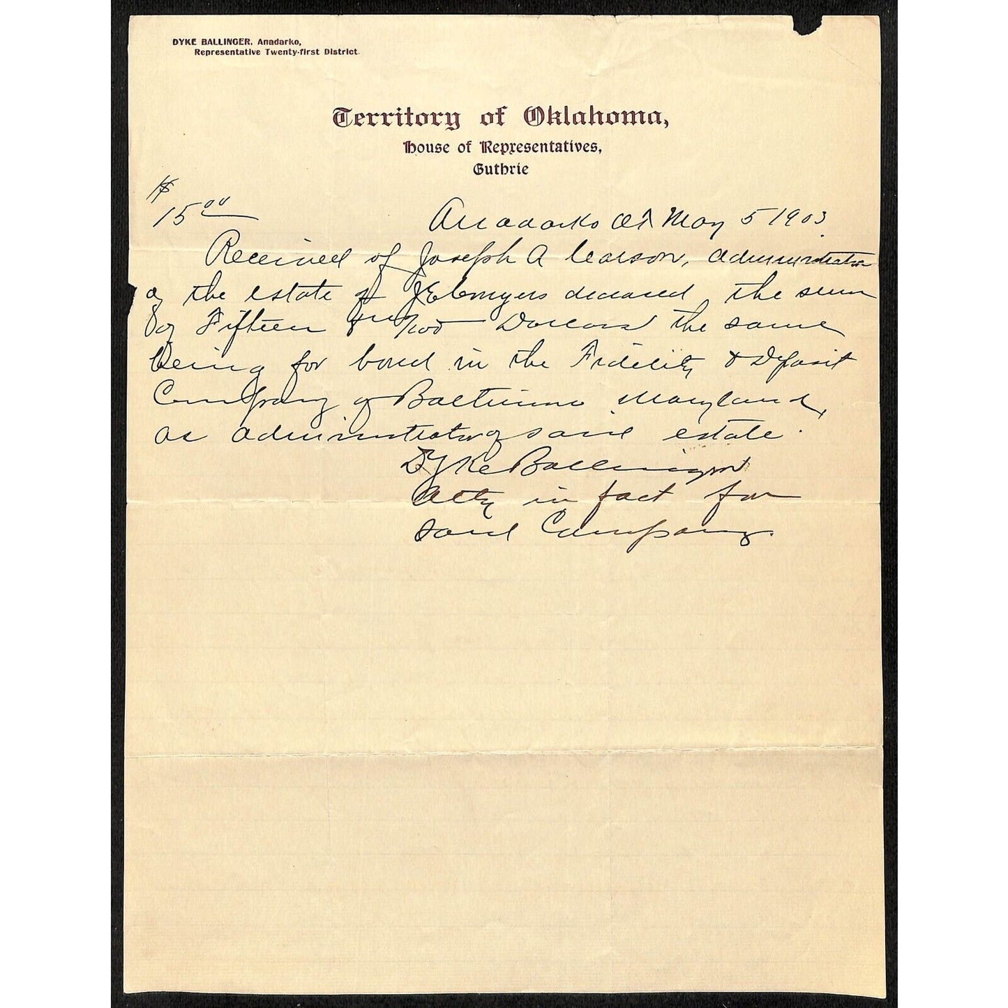 1903 Guthrie Territory of Oklahoma House of Representative ALS Letterhead