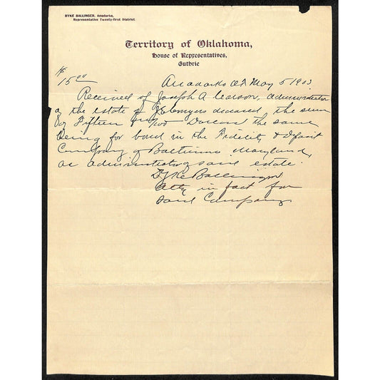 1903 Guthrie Territory of Oklahoma House of Representative ALS Letterhead